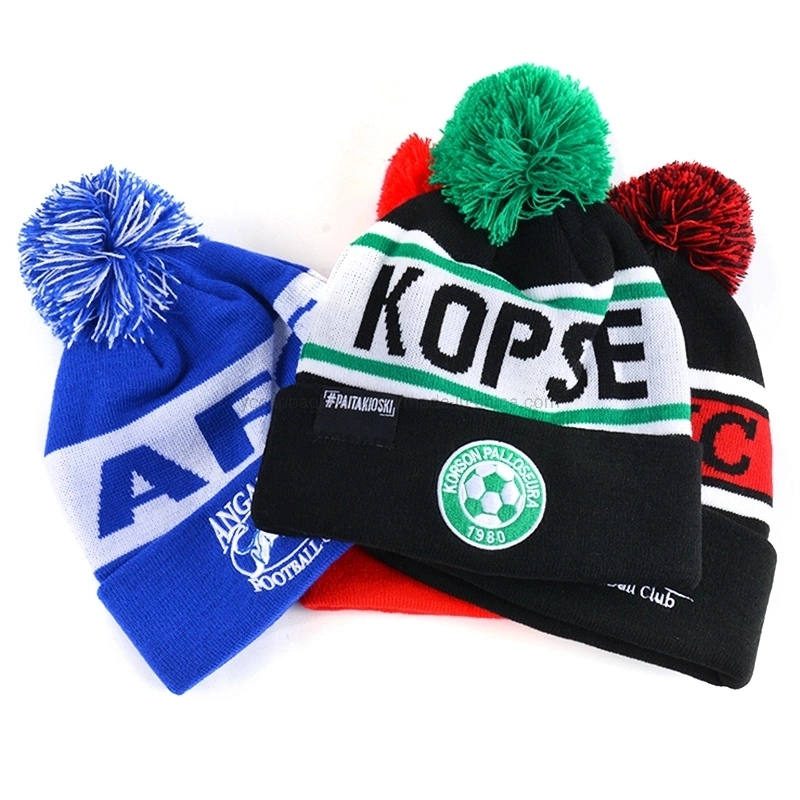 Custom 100%Acrylic Bobble Winter Sport Soccer Football Knit Jacquard Knitted Beanie Hat