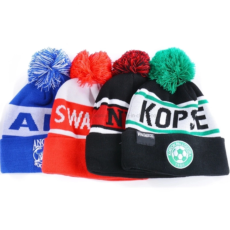 Custom 100%Acrylic Bobble Winter Sport Soccer Football Knit Jacquard Knitted Beanie Hat