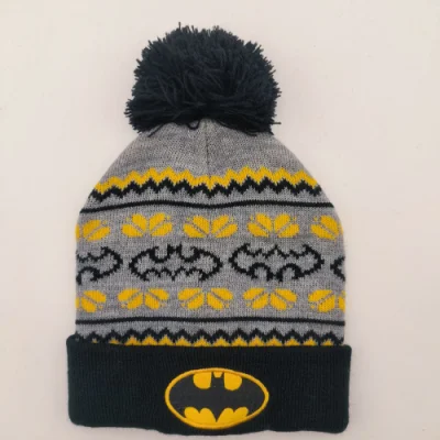 Batman Winter Acrylic 3-Color Jacquard 4-Corner Knitted Hat with Yarn Pompom