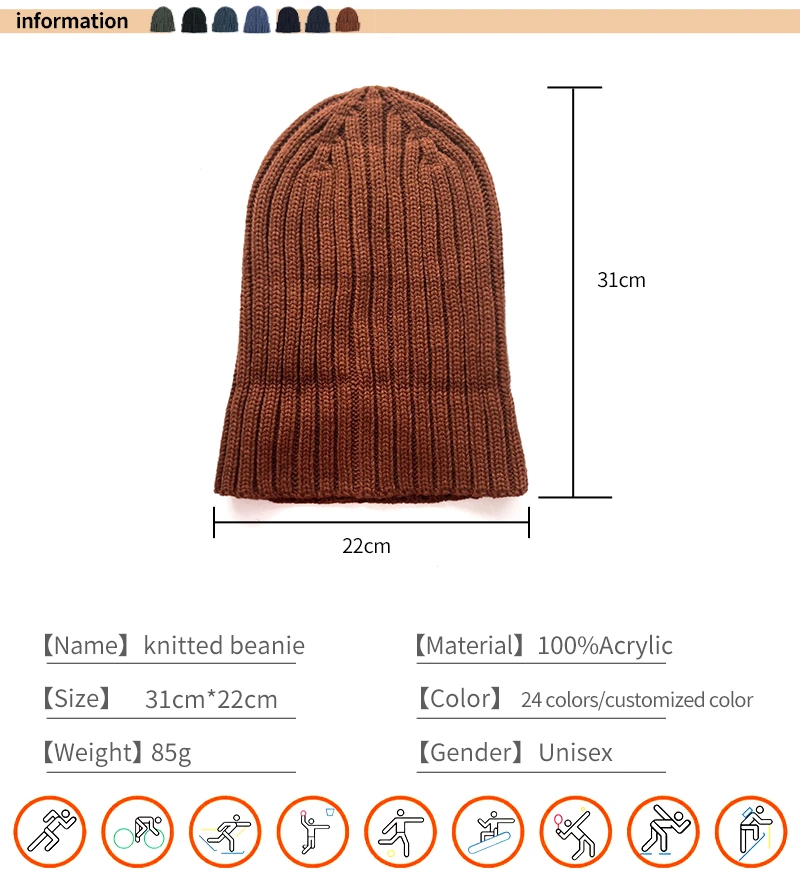 Custom Logo Plain Color Acrylic Knitted Cuffed Beanie Winter Hats Cap Unisex