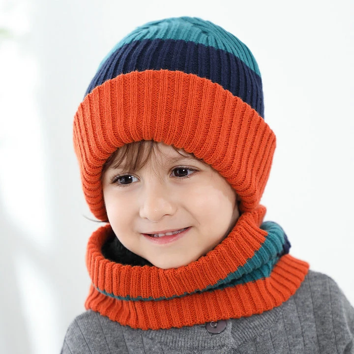 Boys&prime; Winter Stripe Knitted Hat and Loop Scarf Sets Girls&prime; Contrast Color Beanie Children&prime;s Winter Hat