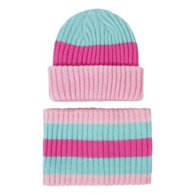 Boys′ Winter Stripe Knitted Hat and Loop Scarf Sets Girls′ Contrast Color Beanie Children′s Winter Hat